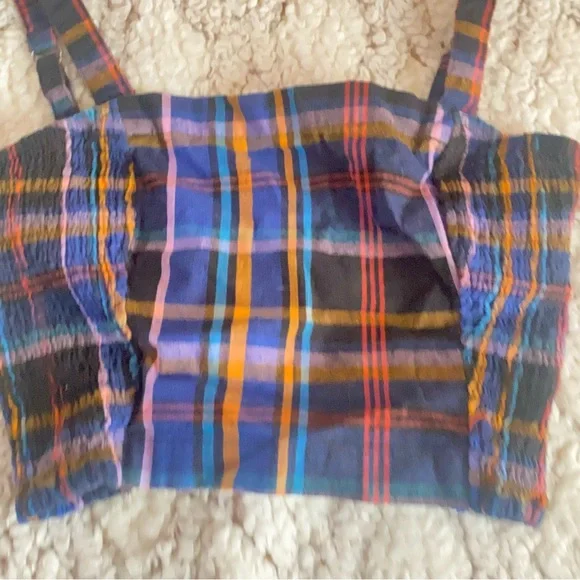 Hollister Crop Top Size Small Multicolor Plaid Adjustable Strap Festival Smocked - Picture 2 of 5